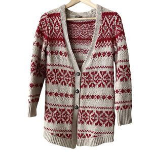 J Jill Cream‎ Red Sequin Metallic Cotton Wool Cardigan Sweater Nordic Warm  XS
